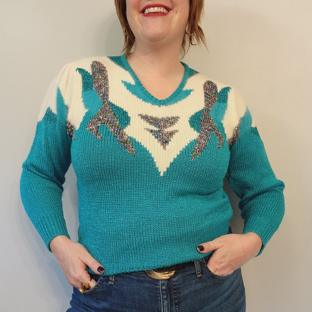 80s Glam Argenie Angora Blend Puff Sleeve Sparkle Sweater